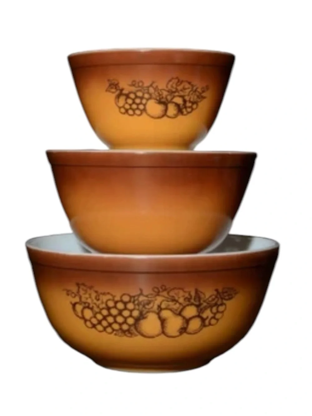 3 Vintage Pyrex Old Orchard burnt orange & brown fruit motif nesting bowls